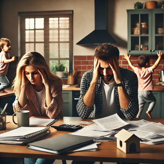Parents stressés face à des documents administratifs, pendant que des enfants jouent en arrière-plan, illustrant les défis du stress parental et l'importance de trouver un équilibre entre responsabilités familiales et bien-être des parents.