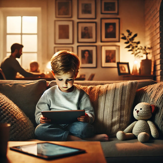 Enfant utilisant une tablette dans le salon, illustrant l'importance de la gestion des écrans en famille pour favoriser un équilibre entre temps d'écran et moments de connexion avec les proches.