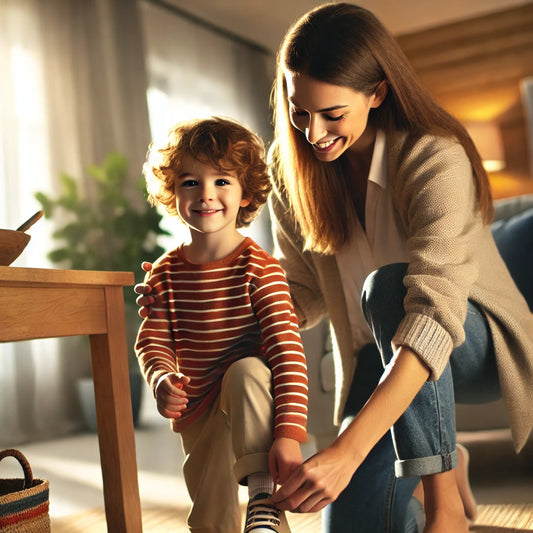 Une mère aidant son enfant à nouer ses chaussures dans un salon chaleureux, symbolisant la bienveillance et la complicité parent-enfant dans un cadre familial harmonieux.