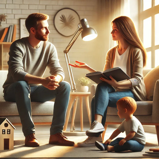 Un couple de parents discutant calmement dans un salon chaleureux des méthodes éducatives à adopter, avec un enfant jouant joyeusement à proximité. La scène symbolise la communication et l'harmonie familiale dans le contexte de l'éducation bienveillante.