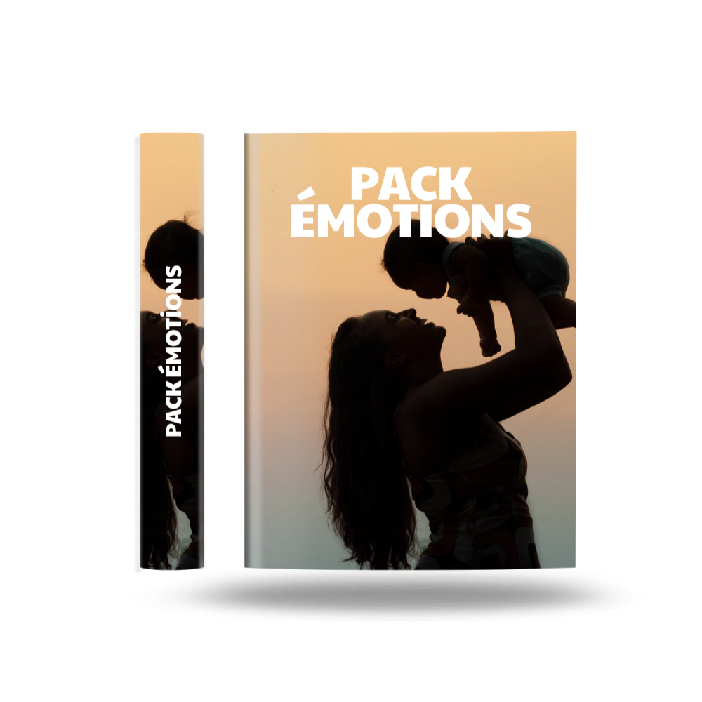 Image d'un pack intitulé 'Pack Émotions', mettant en avant une silhouette d'une mère tenant son enfant dans les bras, tous deux souriants et heureux. L'illustration évoque la complicité, la joie et l'épanouissement émotionnel entre parents et enfants.